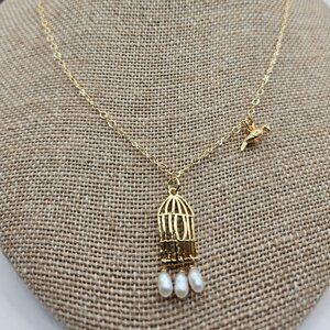 (NWT) 14k GF Caged Bird Flies Free Dainty Chain Necklace Handmade Vintage